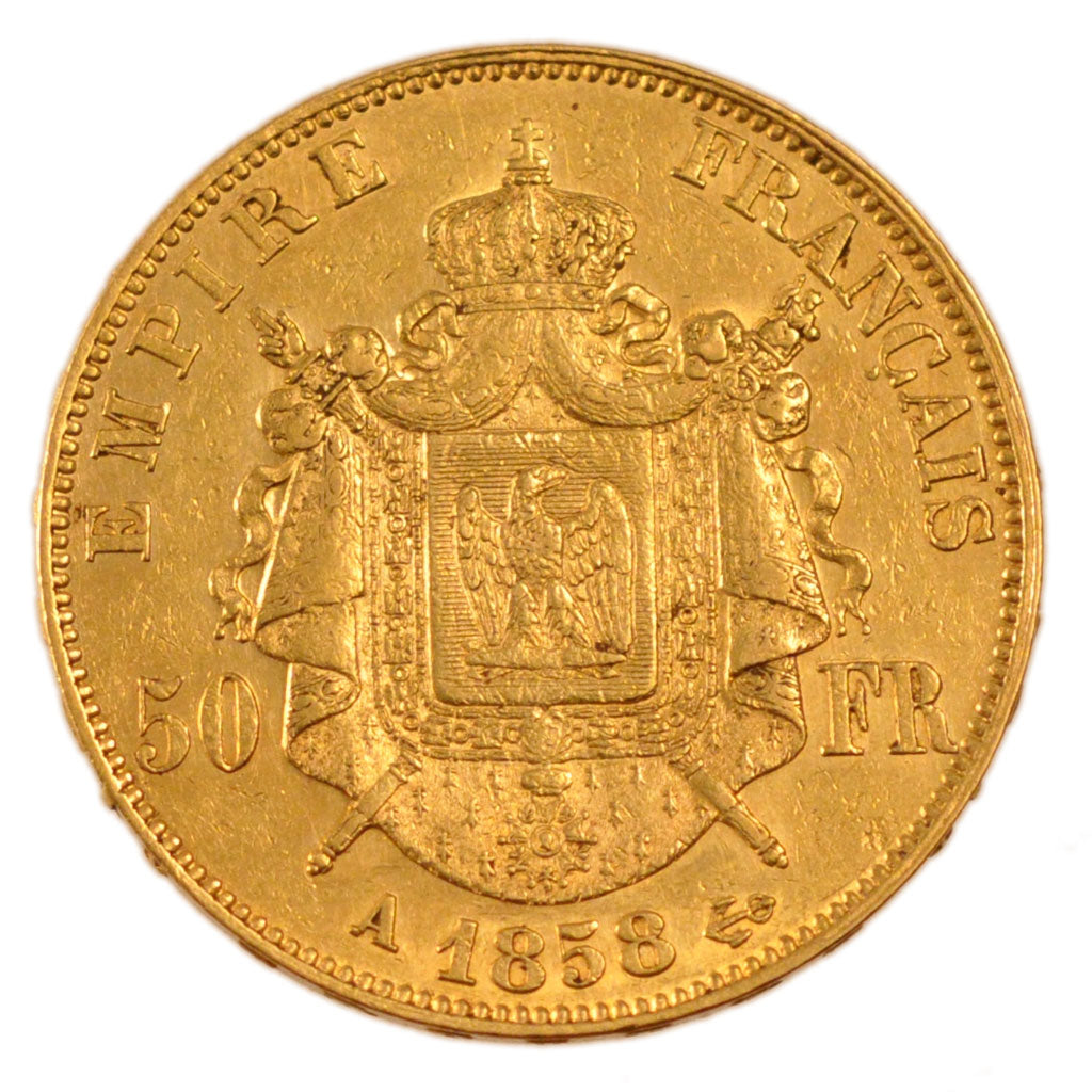 FRANCE, Napoléon III, 50 Francs, 1858, Paris, KM #785.1, AU(50-53), Gold, Gadour