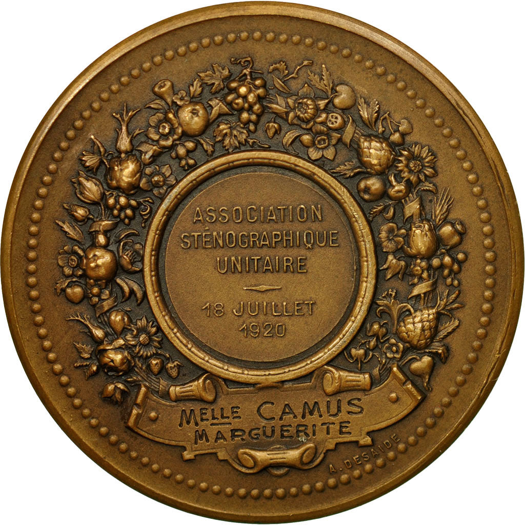 France, Médaille, Association Sténographique Unitaire, 1920, Roty, SUP, Bronze