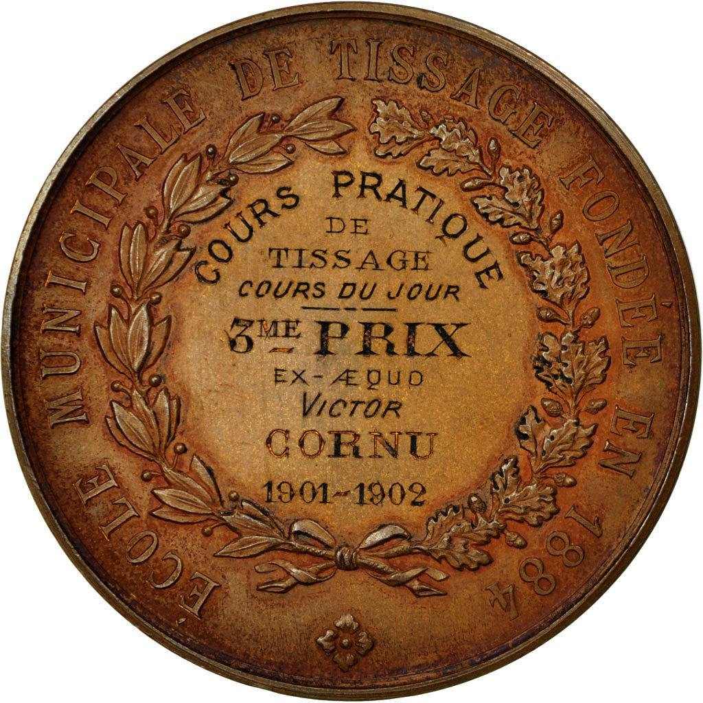 France, Médaille, Ecole Municipale de Tissage de Lyon, 1902, SUP, Bronze