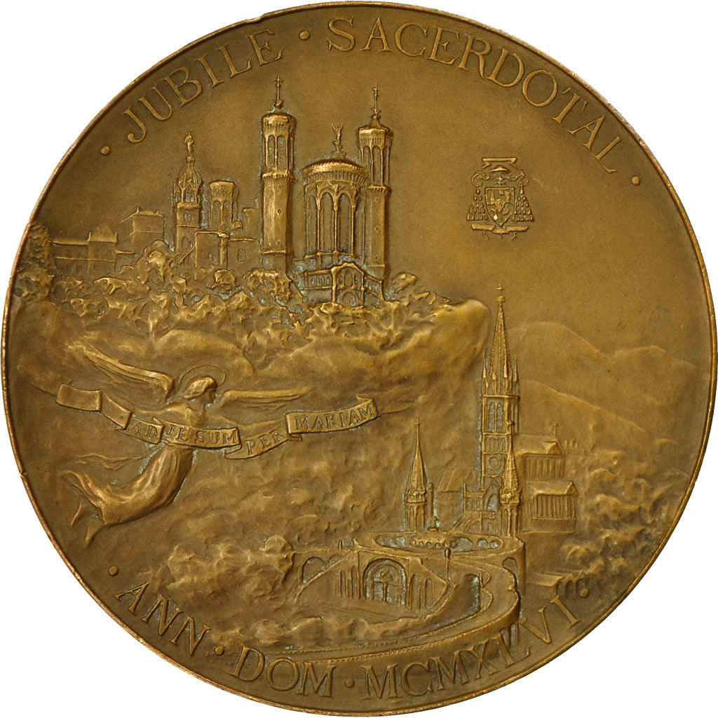 France, Medal, Cardinal Gerlier, Archevêque de Lyon, Jubilé Sacerdotal, 1946