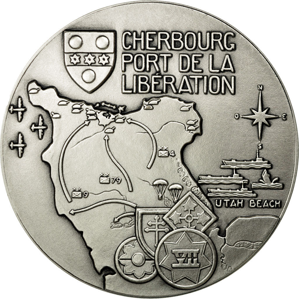 France, Medal, Cherbourg, Port de la Libération, MS(65-70), Silvered bronze