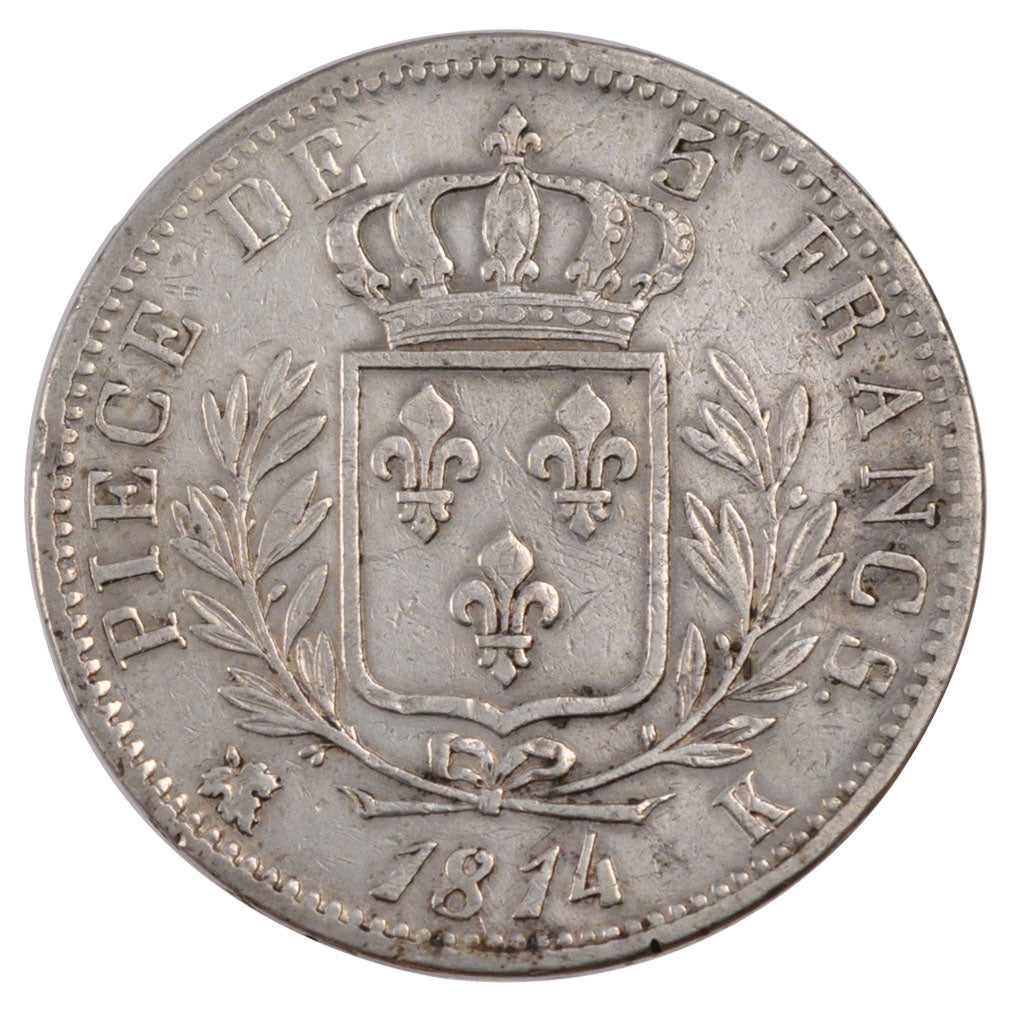 FRANCE, Louis XVIII, 5 Francs, 1814, Bordeaux, KM #702.7, AU(50-53), Silver,...