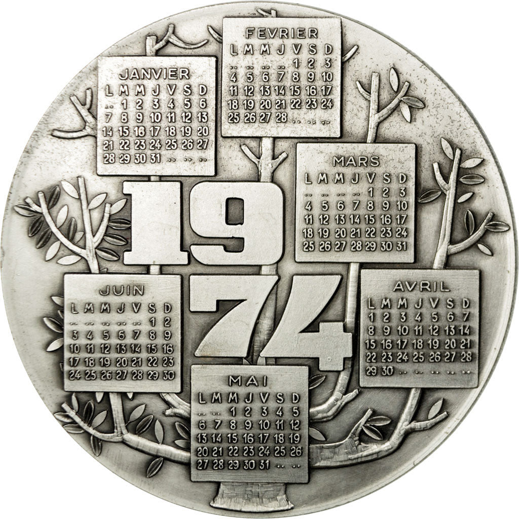 France, Medal, Calendrier, Philips, 1974, MS(63), Silvered bronze