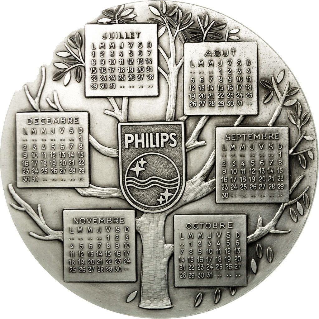 France, Medal, Calendrier, Philips, 1974, MS(63), Silvered bronze