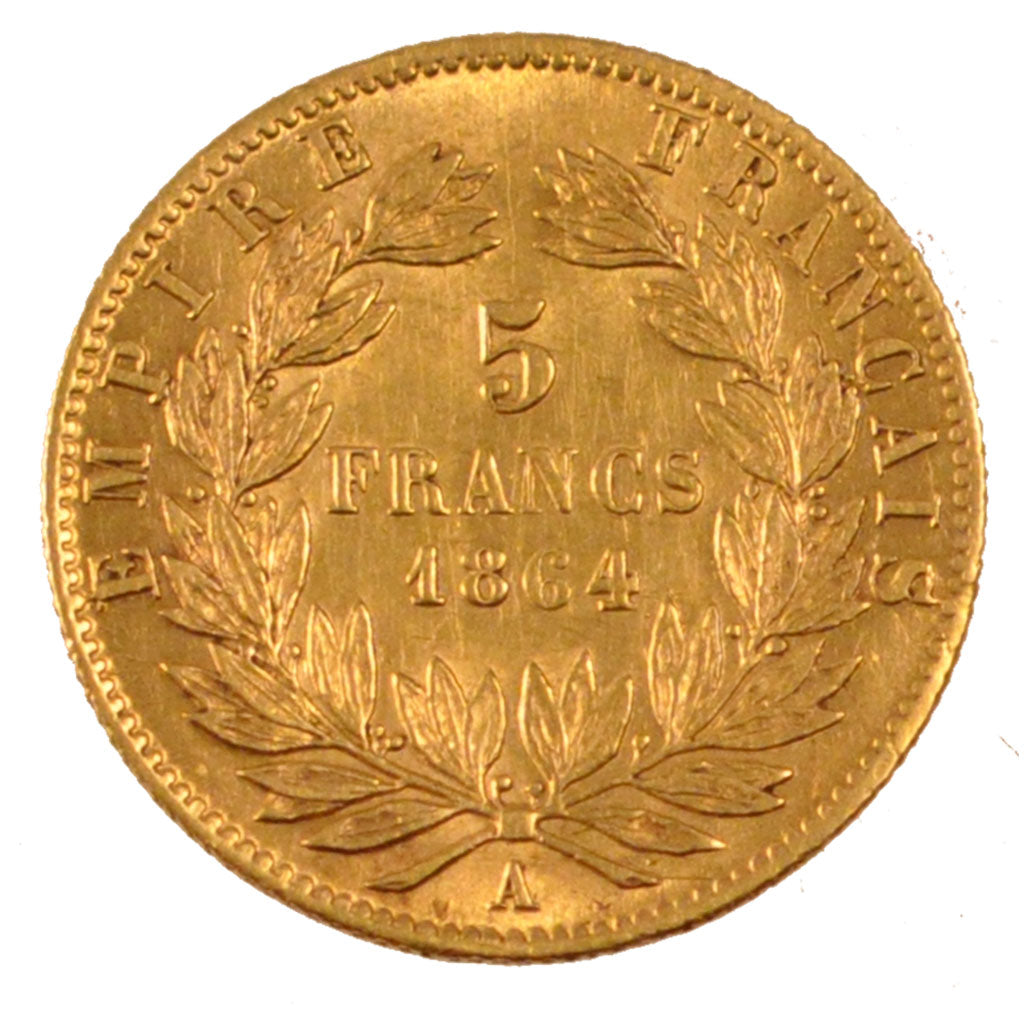 FRANCE, Napoléon III, 5 Francs, 1864, Paris, AU(50-53), Gold, Gadoury #1002, 1..