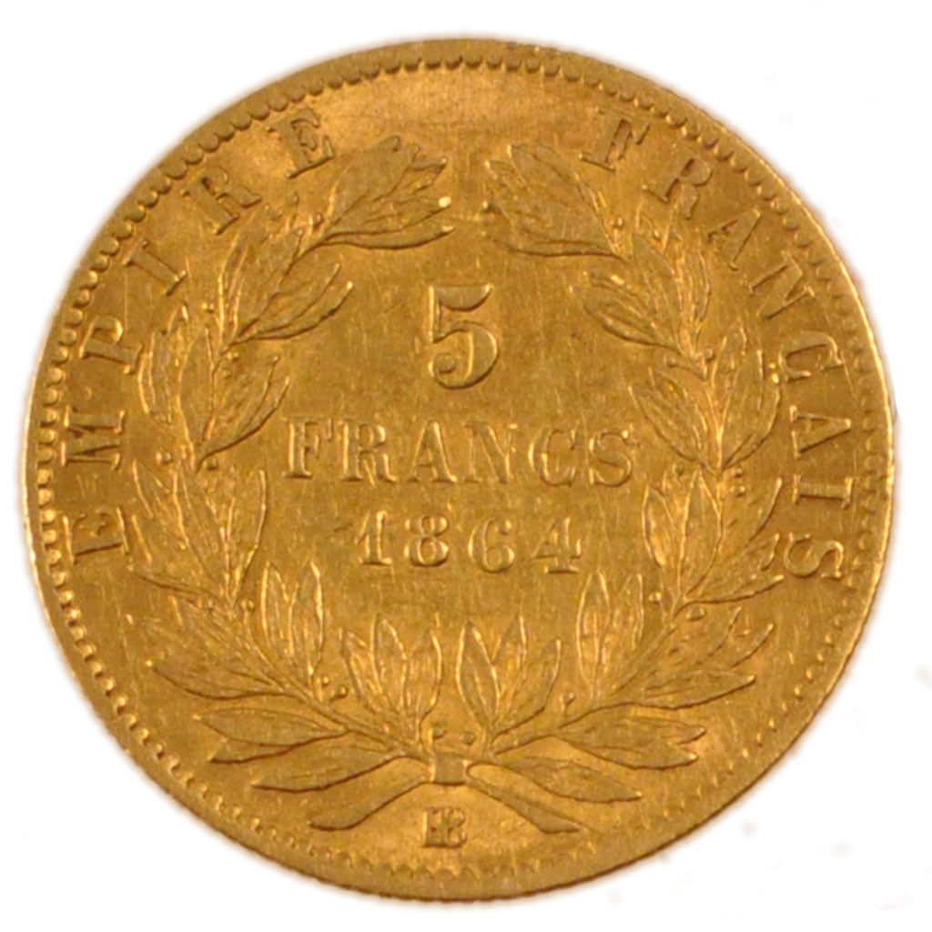 FRANCE, Napoléon III, 5 Francs, 1864, Strasbourg, EF(40-45), Gold, Gadoury #1002