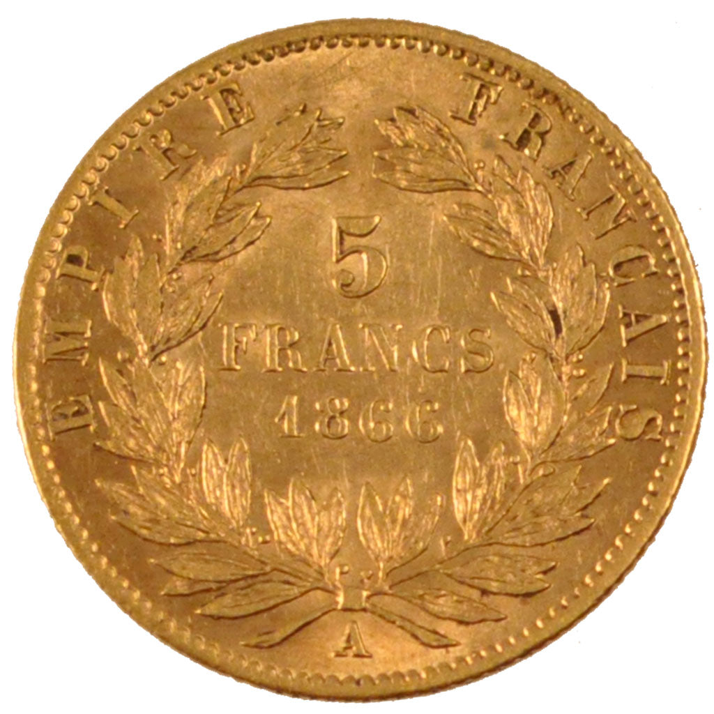 FRANCE, Napoléon III, 5 Francs, 1866, Paris, KM #803.1, AU(50-53), Gold, Gadoury