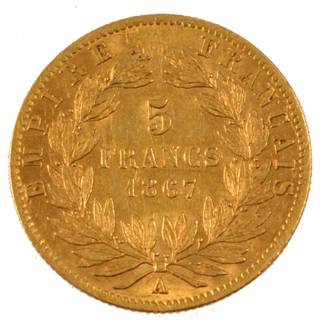 FRANCE, Napoléon III, 5 Francs, 1867, Paris, AU(50-53), Gold, Gadoury #1002, 1..