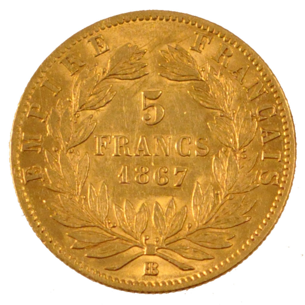 FRANCE, Napoléon III, 5 Francs, 1867, Strasbourg, KM #803.2, AU(50-53), Gold, G.