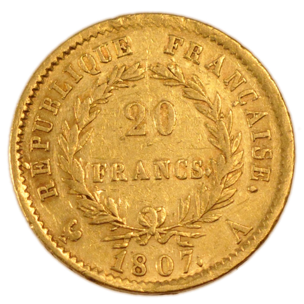 FRANCE, Napoléon I, 20 Francs, 1807, Paris, KM #687.1, EF(40-45), Gold, Gadoury