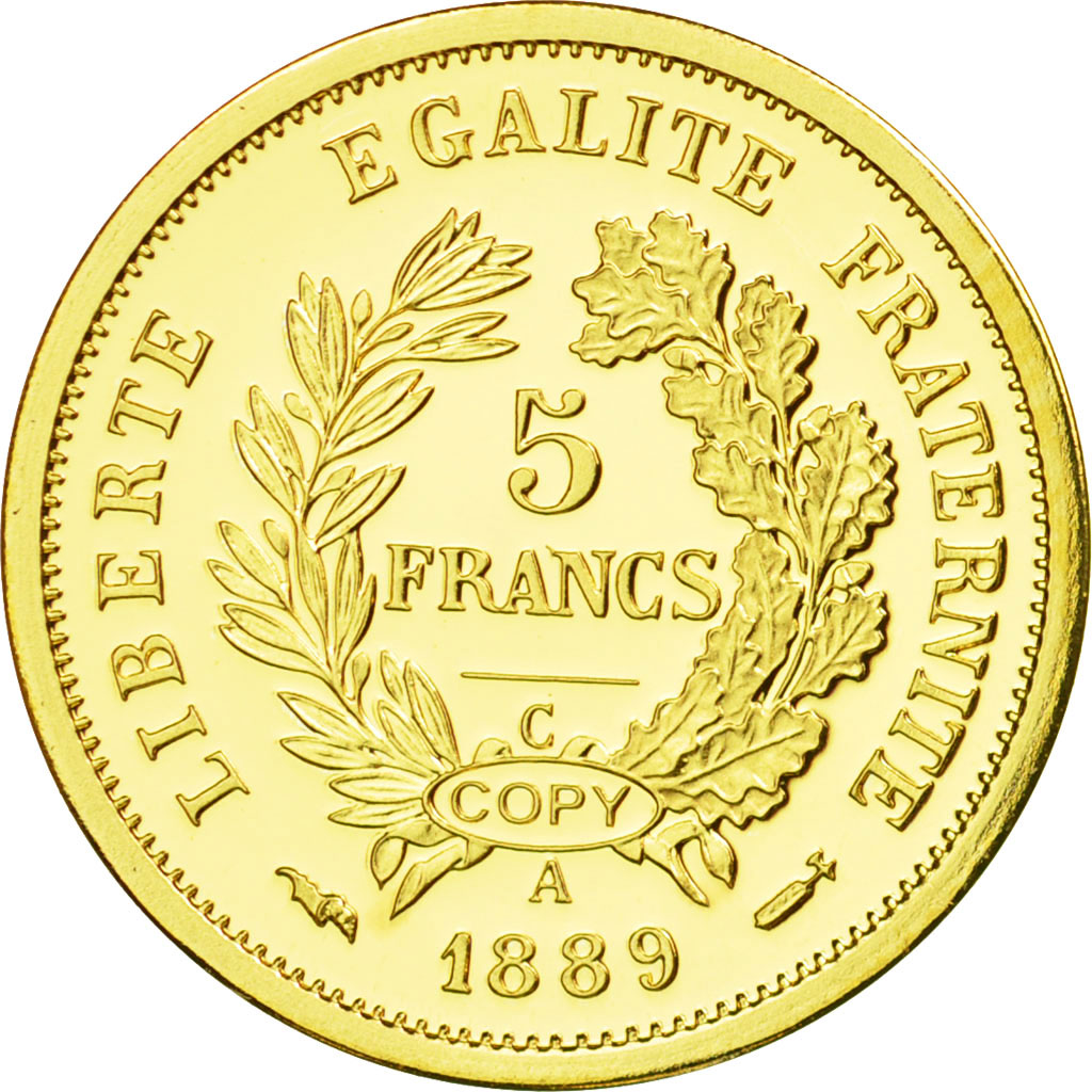 France, Medal, Reproduction, 5 Francs 1889 A, Merley, MS(65-70), Gold