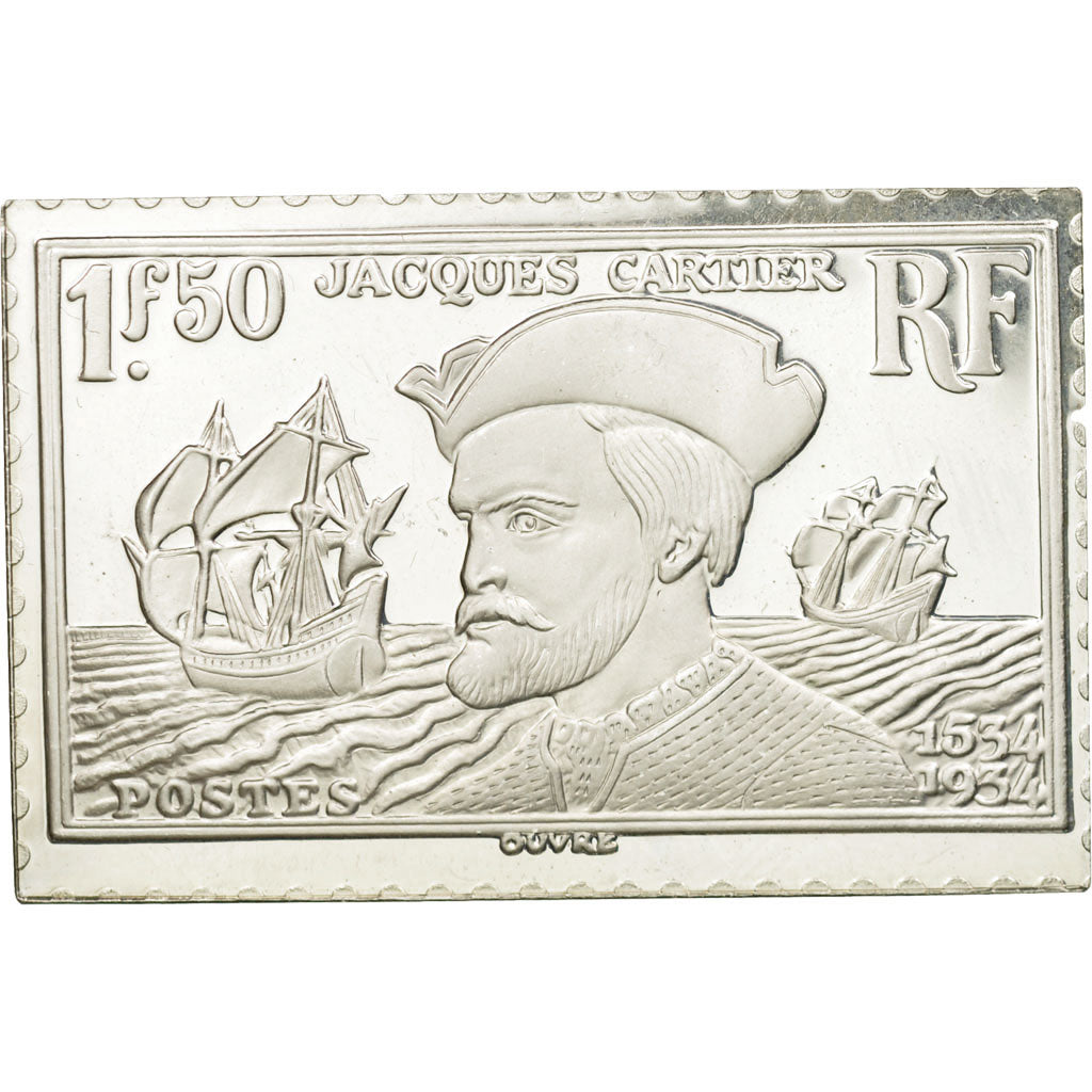 France, Medal, Timbre, Jacques Cartier, 1,50 Francs, 1983, MS(65-70), Silver
