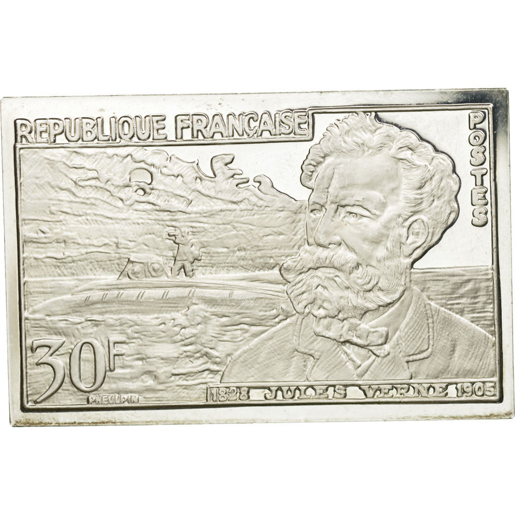 France, Medal, Timbre, Jules Verne, 30 Francs, 1983, MS(65-70), Silver