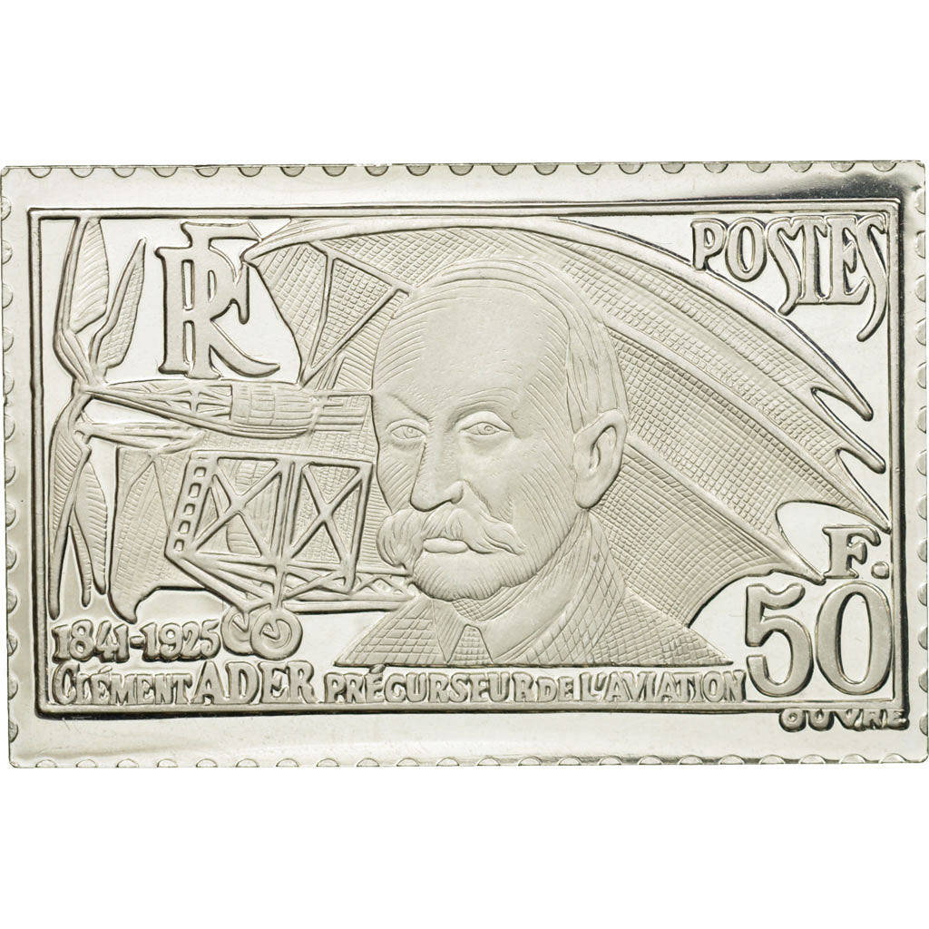 Francia, medaglia, Timbre, Clément Ader, 50 Francs, 1983, FDC, Argento