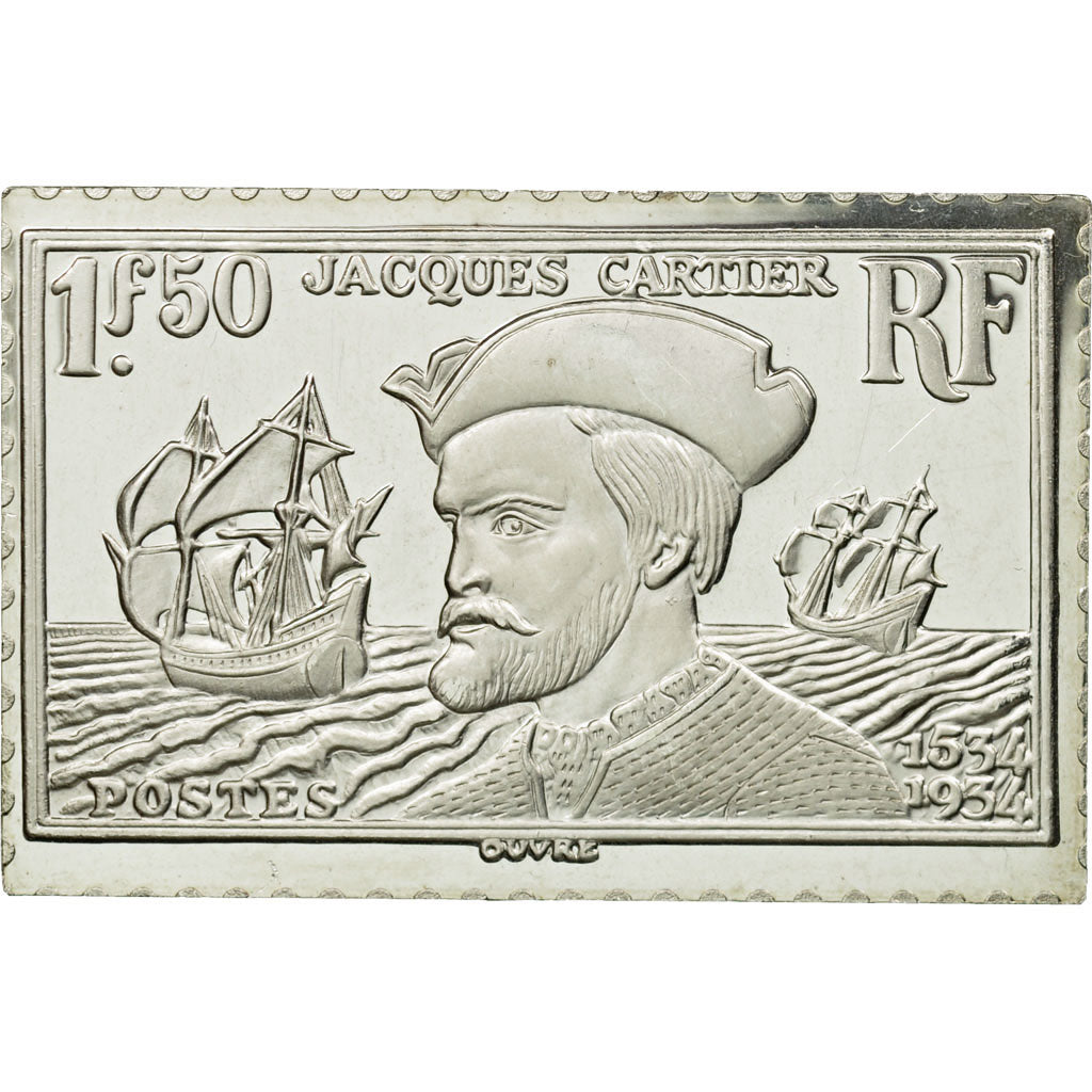 France, Médaille, Timbre, Jacques Cartier, 1,50 Francs, 1983, FDC, Argent