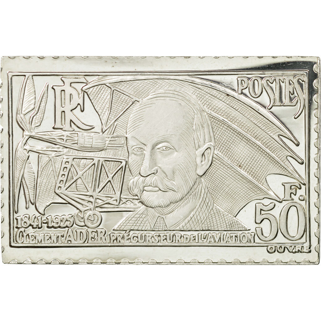 Francia, medalla, Timbre, Clément Ader, 50 Francs, 1983, FDC, Plata
