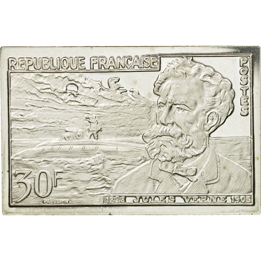 France, Médaille, Timbre, Jules Verne, 30 Francs, 1983, FDC, Argent