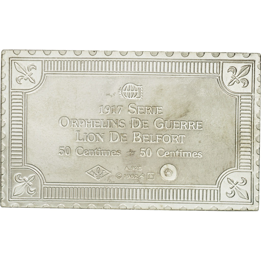 Francia, medalla, Timbre, Orphelins de Guerre, Lion de Belfort, 1982, FDC, Plata