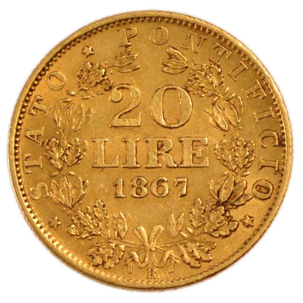 STATI ITALIANI, PAPAL STATES, Pius IX, 20 Lire, 1867, Roma, BB, Oro, KM:1382.3