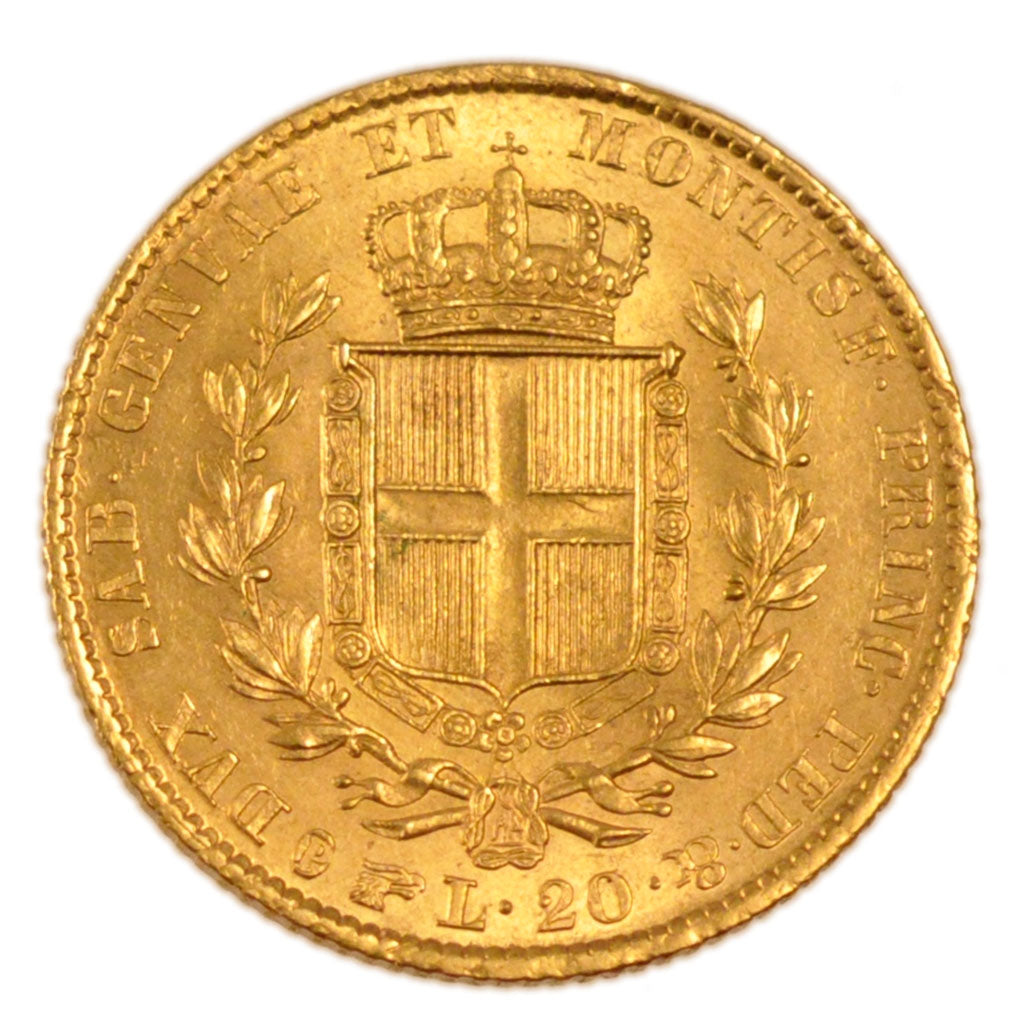 ITALIAN STATES, 20 Lire, 1847, Torino, KM #131.1, graded, PCGS, MS(63), Gold,...