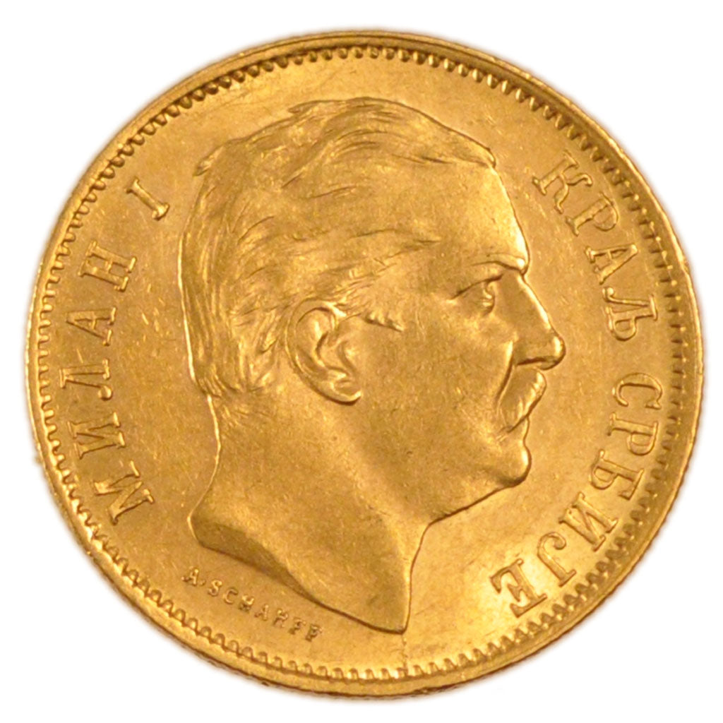 SERBIA, 10 Dinara, 1882, Vienne, KM #16, AU(55-58), Gold, 3.30