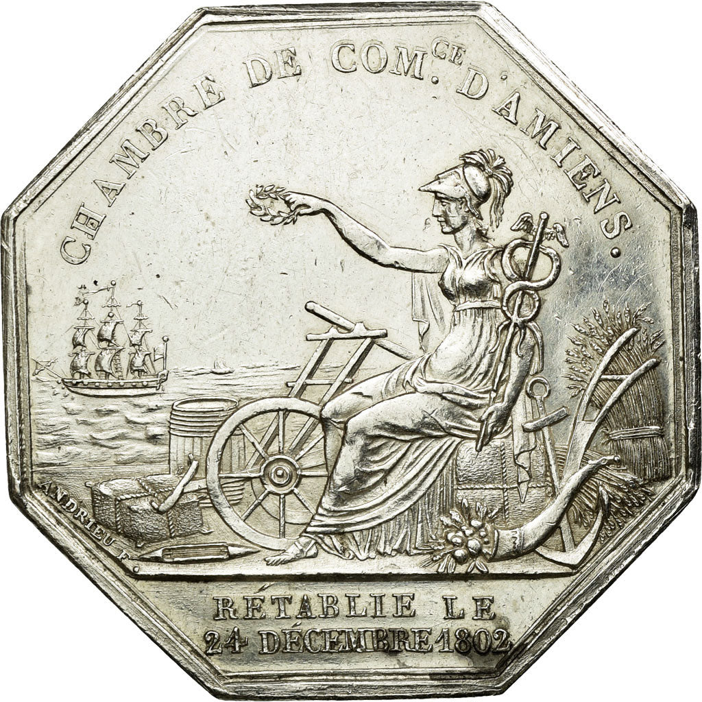 Francia, Token, Charles X, Chambre de Commerce d'Amiens, Barre, SPL-, Argento