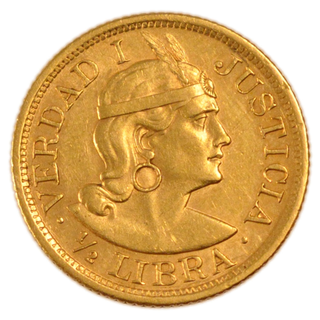 Peru, 1/2 Libra, 1913, Lima, KM #209, AU(55-58), Gold, 4.00