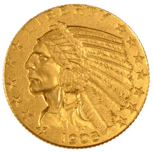 United States, Indian Head, 5 Dollars, 1908, Philadelphia, KM #129, AU(55-58),..