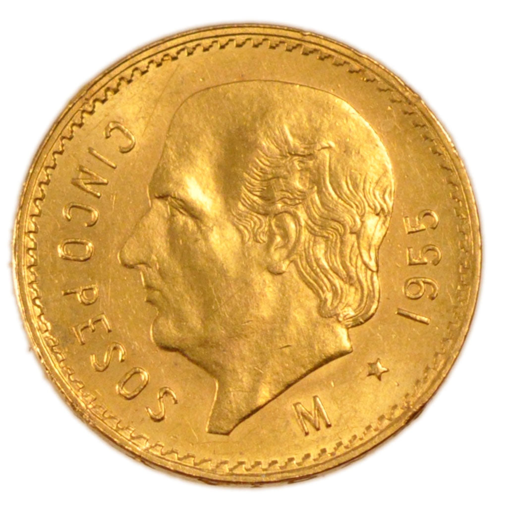 MEXICO, 5 Pesos, 1955, Mexico City, KM #464, AU(55-58), Gold, 19, 4.10