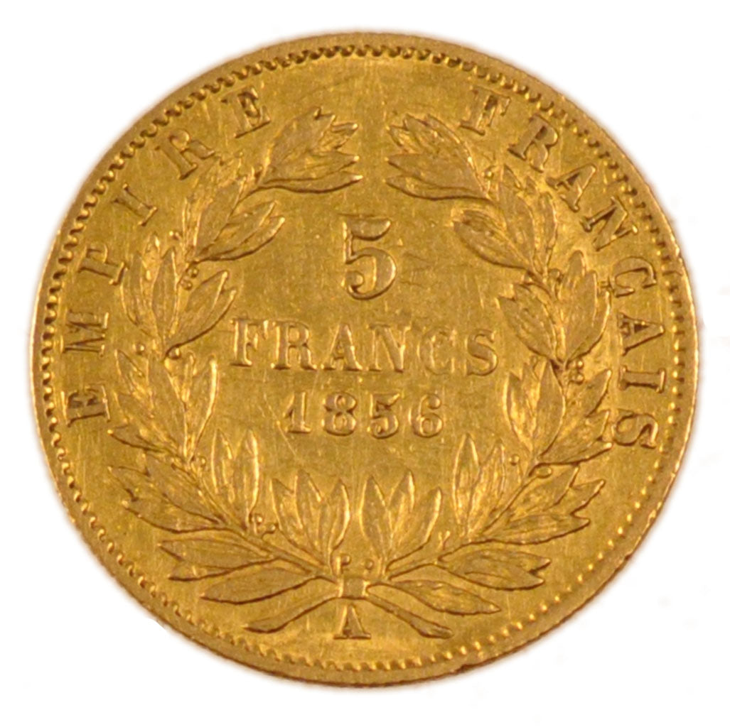 FRANCE, 5 Francs, 1856, Paris, EF(40-45), Gold, Gadoury #1001, 1.50