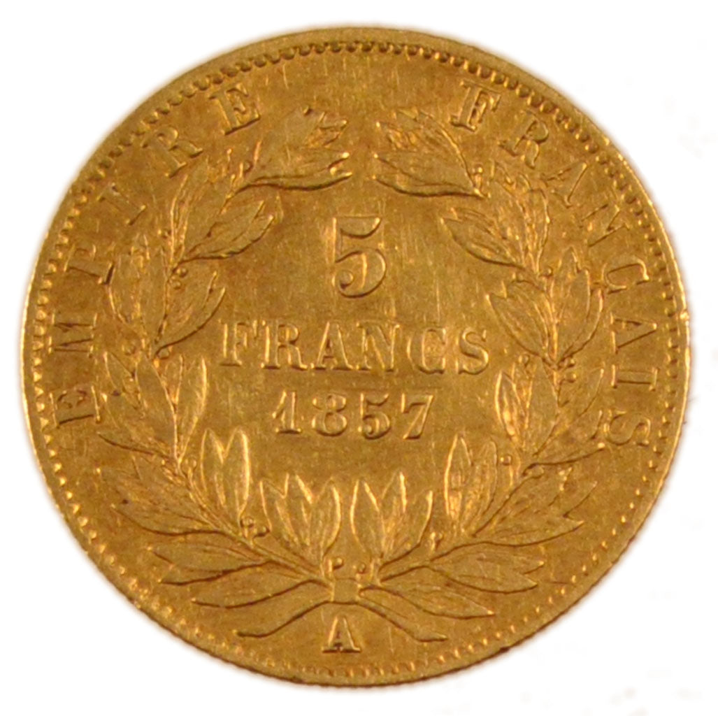 FRANCE, 5 Francs, 1857, Paris, VF(30-35), Gold, Gadoury #1001, 1.50