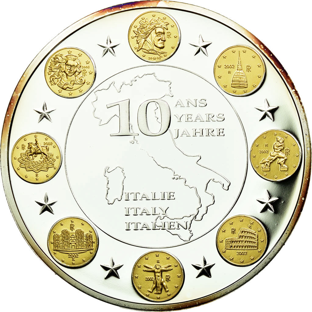 France, Medal, 10 Ans de l'Euro, Italie, MS(65-70), Copper Plated Silver