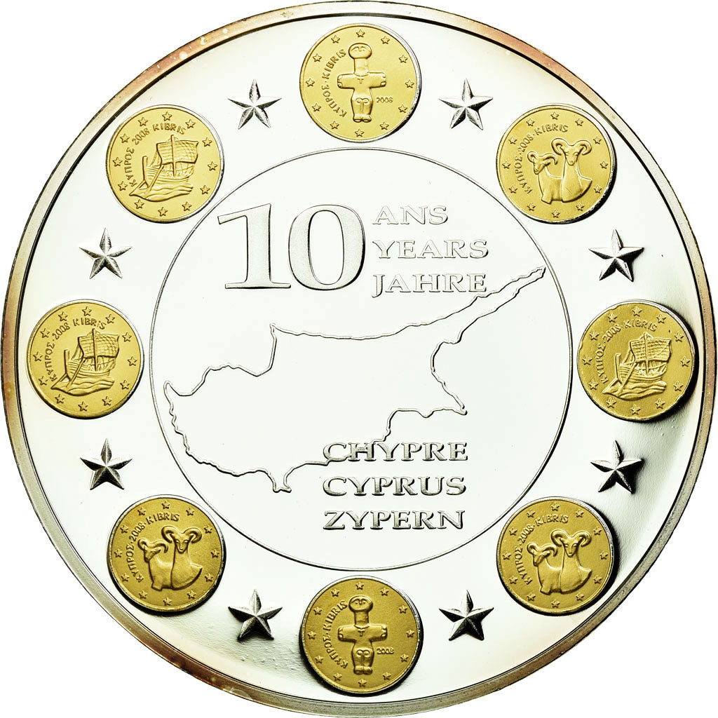 France, Medal, 10 Ans de l'Euro, Chypre, MS(65-70), Copper Plated Silver