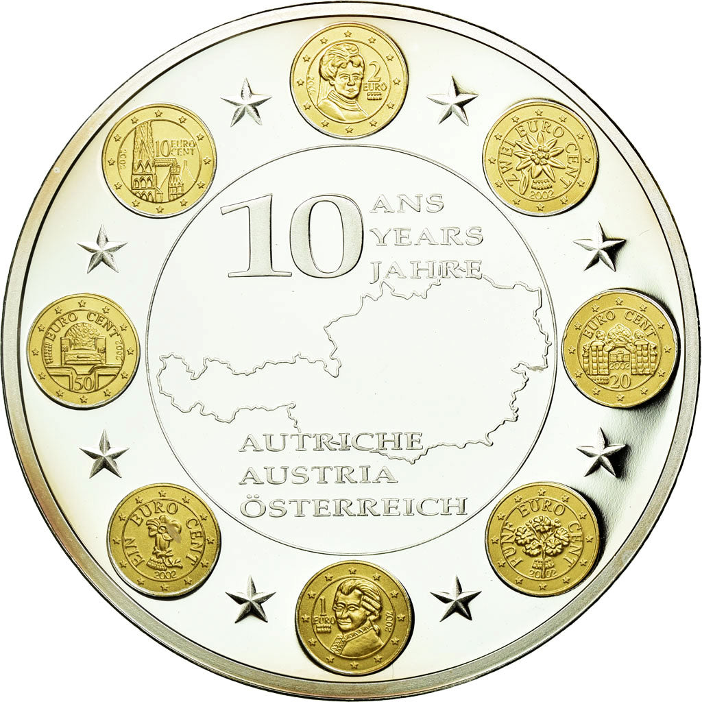 France, Medal, 10 Ans de l'Euro, Autriche, MS(65-70), Copper Plated Silver