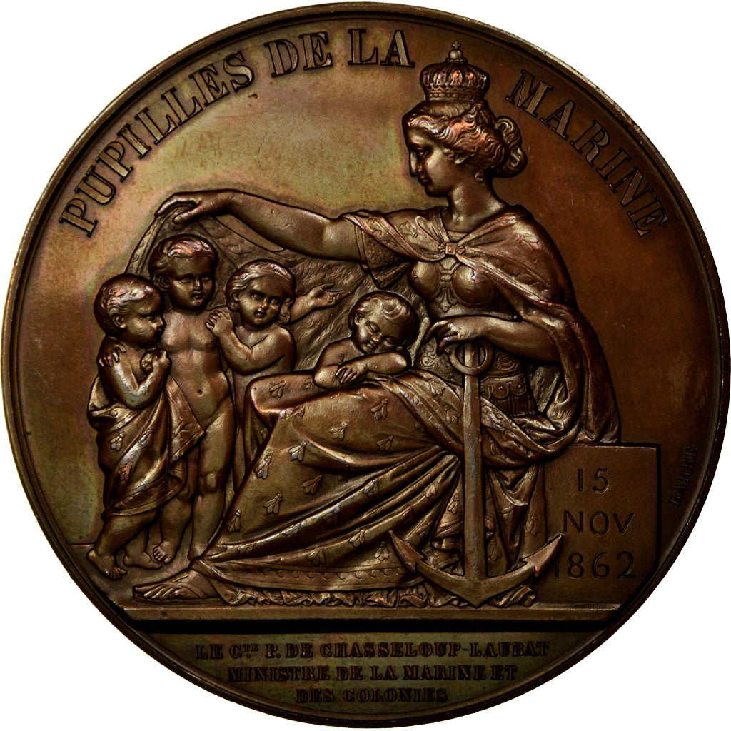 France, Medal, Second Empire, Pupilles de la Marine, 1862, Barre, MS(63), Copper