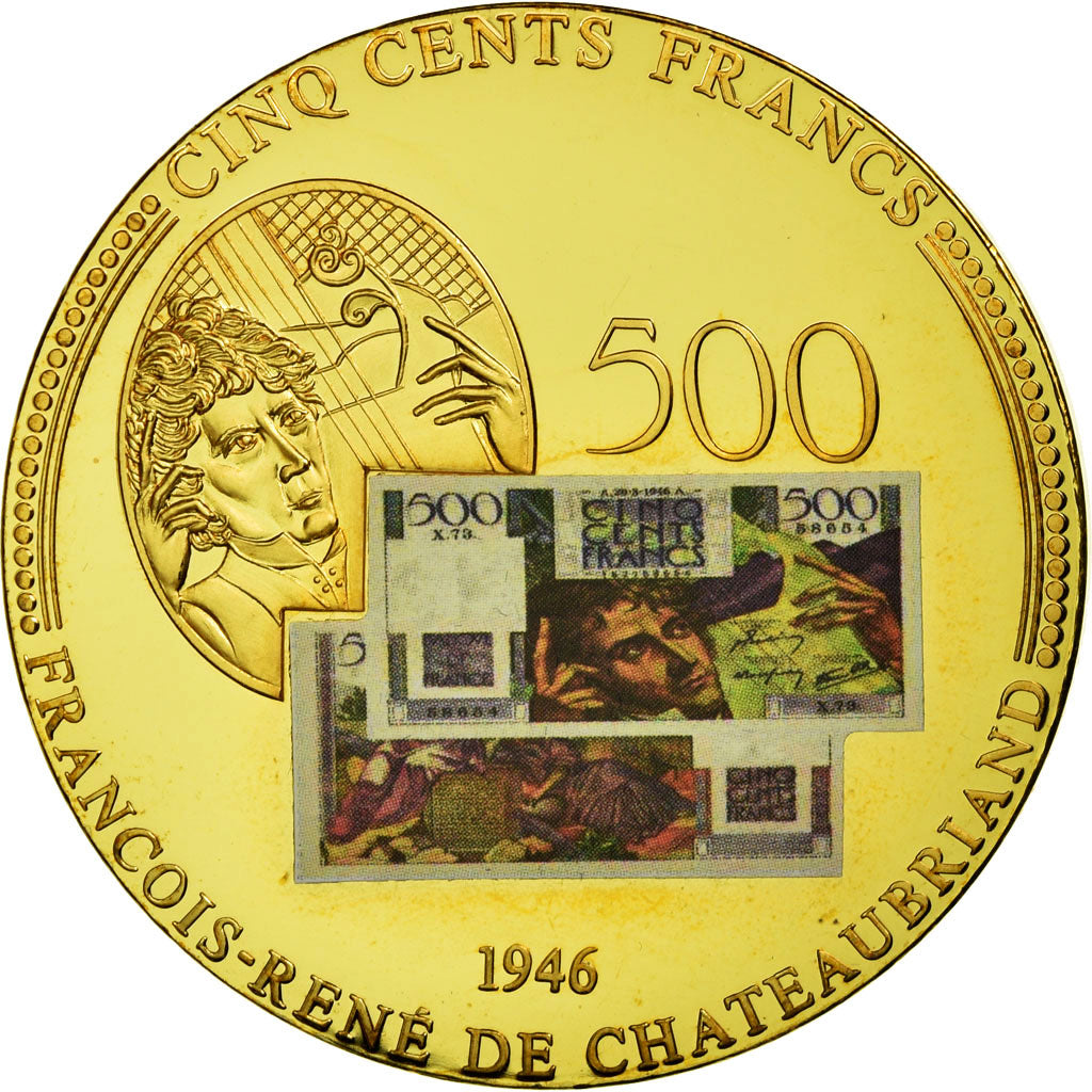 France, Médaille, Les Anciens Francs, billet de 500 Francs Châteaubriand, FDC