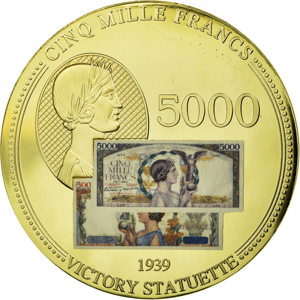 Francia, medaglia, Les Anciens Francs, billet de 5000 Francs Victoire, FDC, Rame