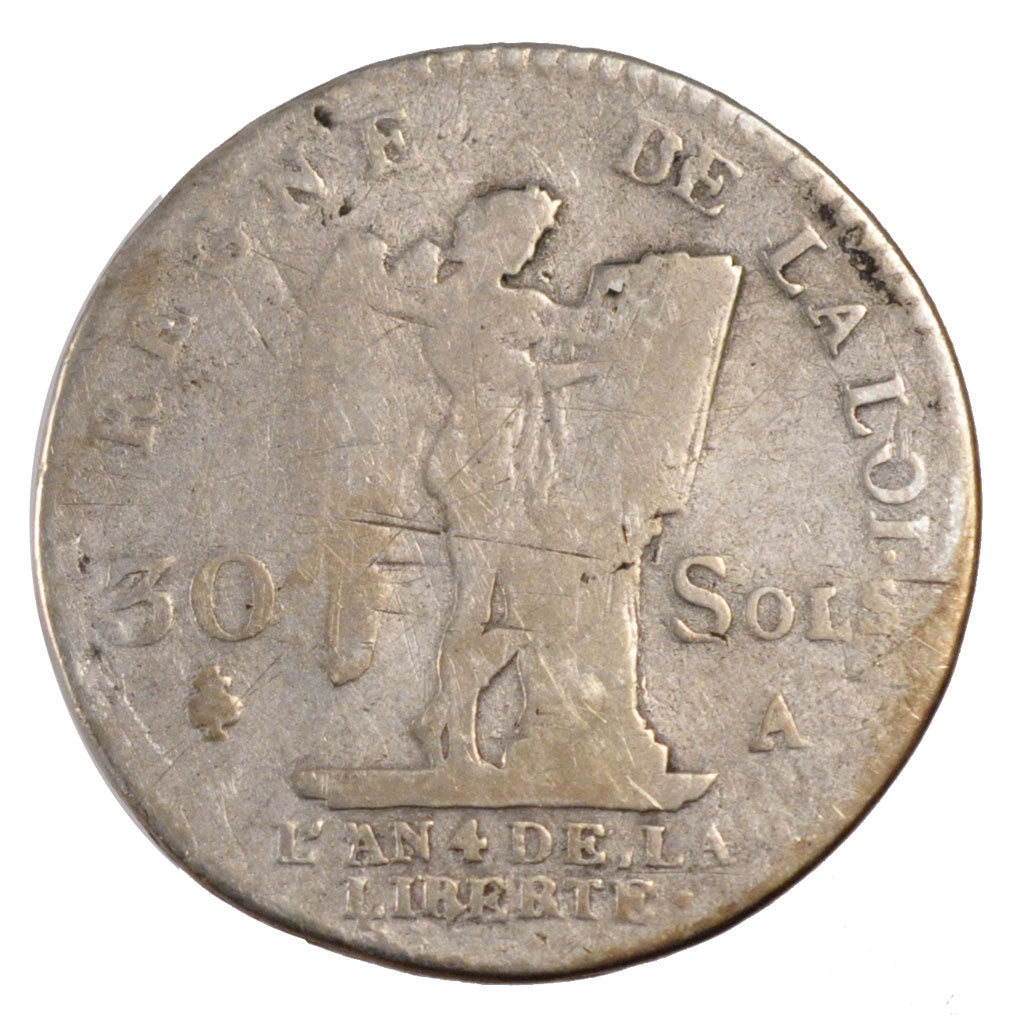FRANCE, 30 sols françois, 30 Sols, 1792, Paris, KM #606.1, F(12-15), Silver, G..