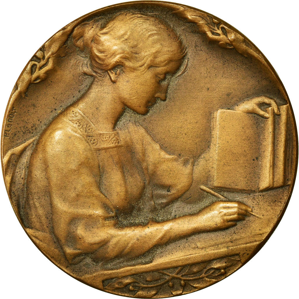 Francia, medalla, Art Nouveau, L'Ecriture, Lenoir, EBC, Bronce