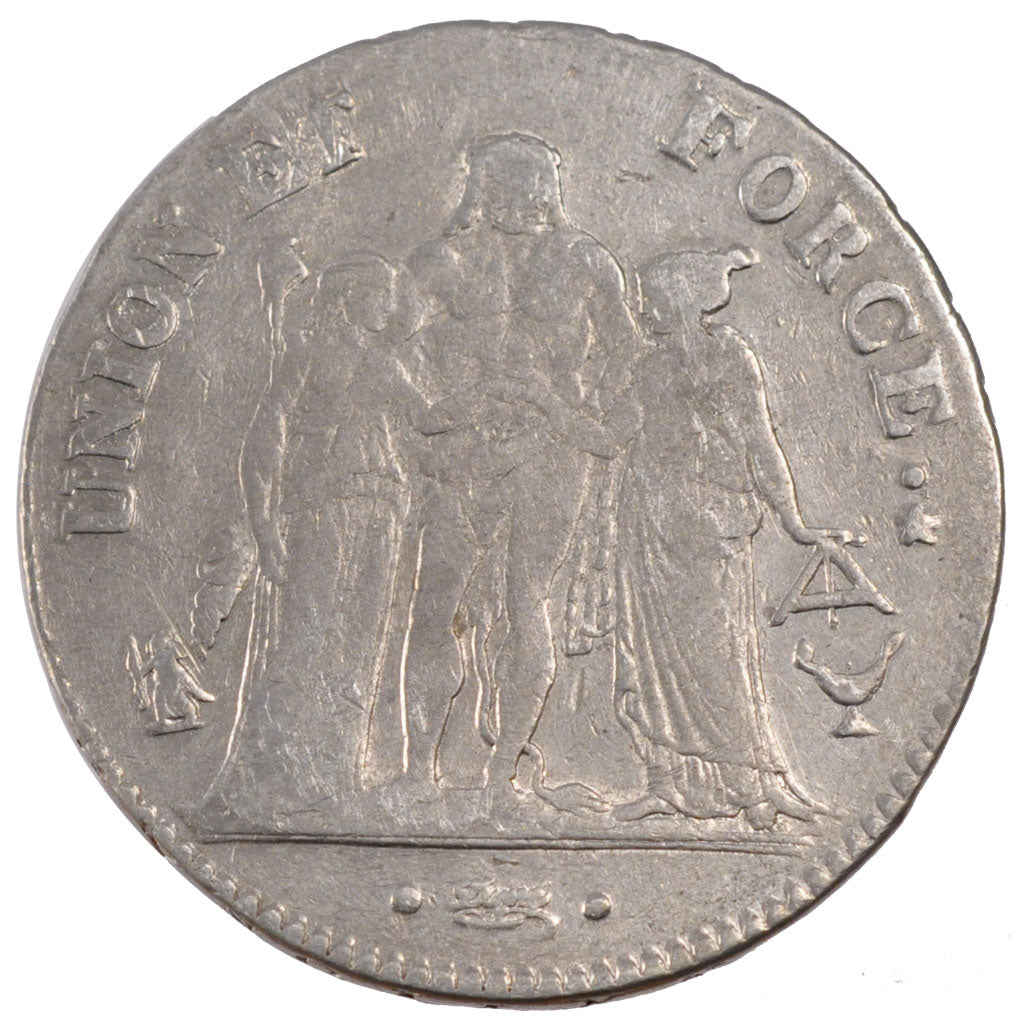 FRANCE, Union et Force, 5 Francs, 1796, Bordeaux, KM #639.5, VF(20-25), Silver,.