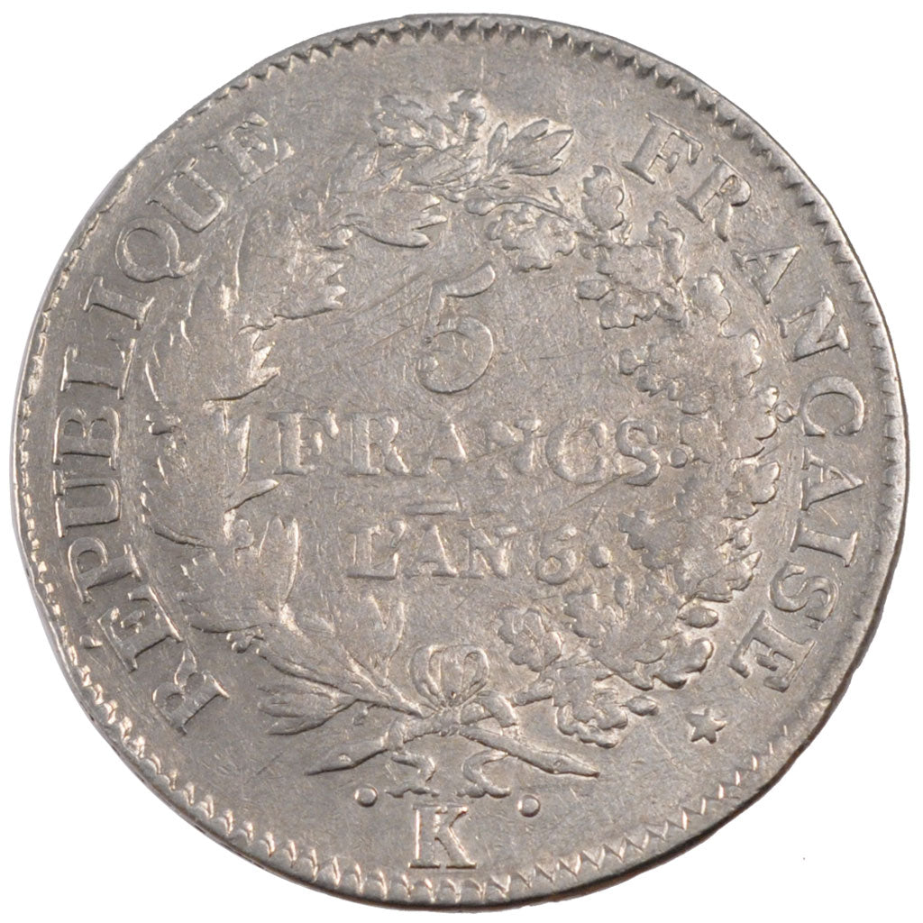 FRANCE, Union et Force, 5 Francs, 1796, Bordeaux, KM #639.5, VF(20-25), Silver,.
