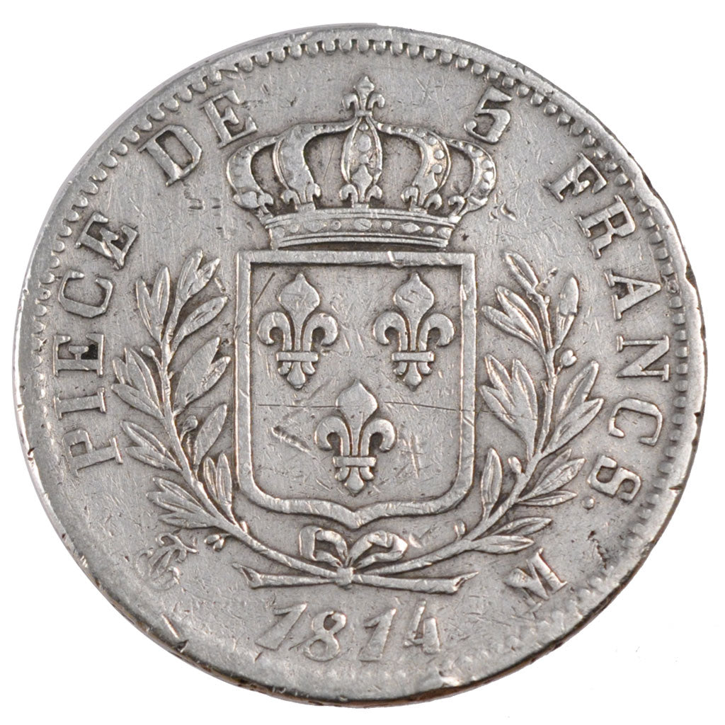 FRANCE, Louis XVIII, 5 Francs, 1814, Toulouse, KM #702.9, VF(20-25), Silver,...