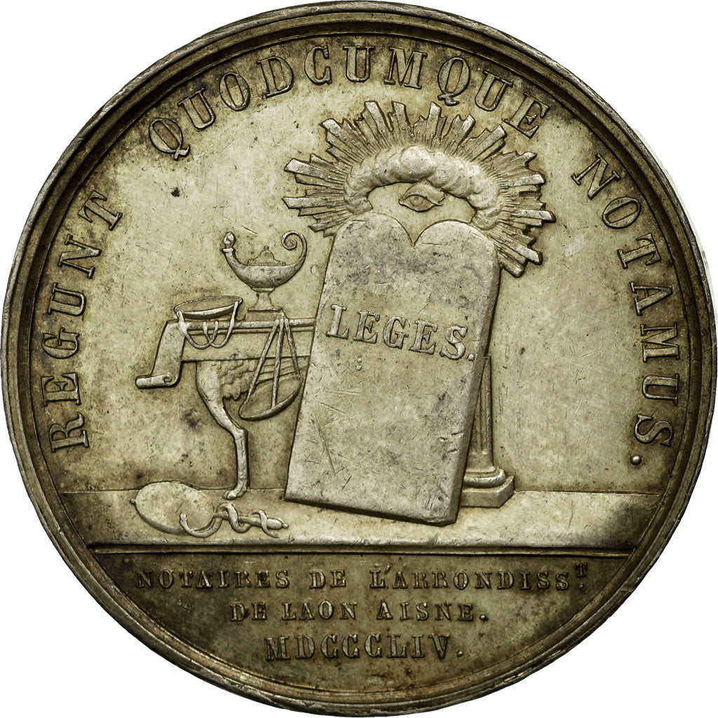 France, Jeton, Napoléon III, Notaires de Laon, 1854, Caqué, SUP, Argent