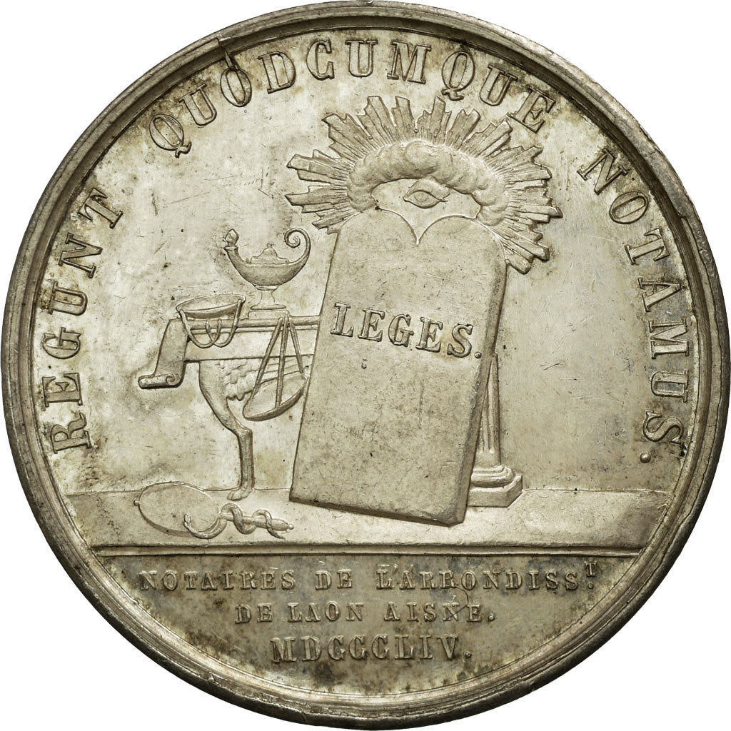 France, Jeton, Napoléon III, Notaires de Laon, 1854, Caqué, SUP+, Argent