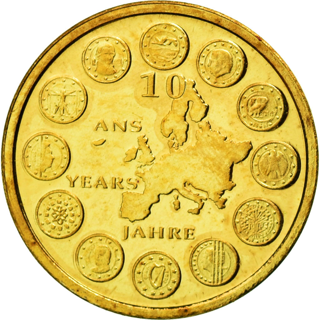 France, Medal, 10 ans de l'Euro, MS(65-70), Gold