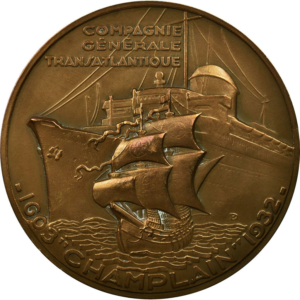 France, Medal, Compagnie Générale Transatlantique, Champlain, 1932, Delamarre