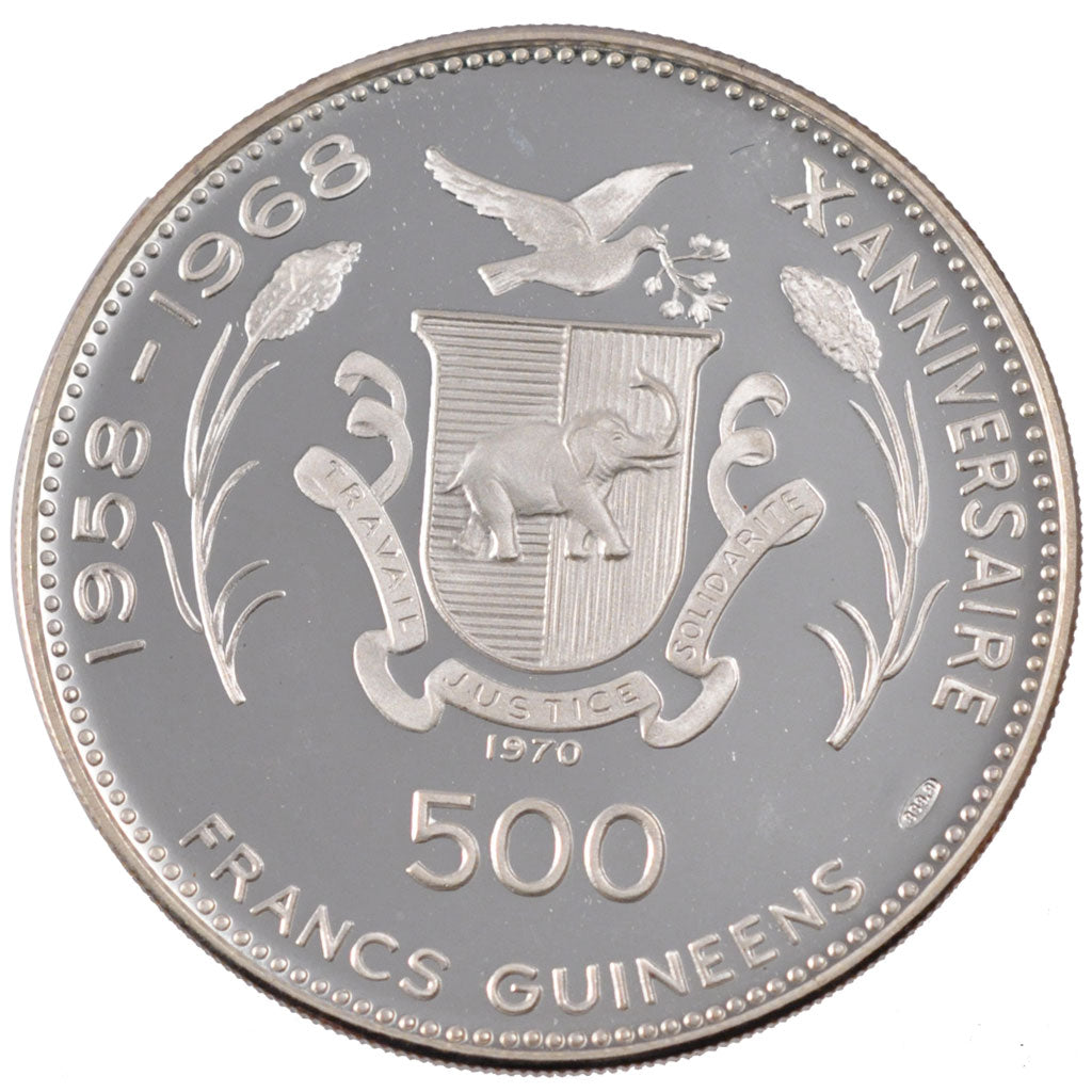 Moneda, Guinea, 500 Francs, 1970, FDC, Plata, KM:24