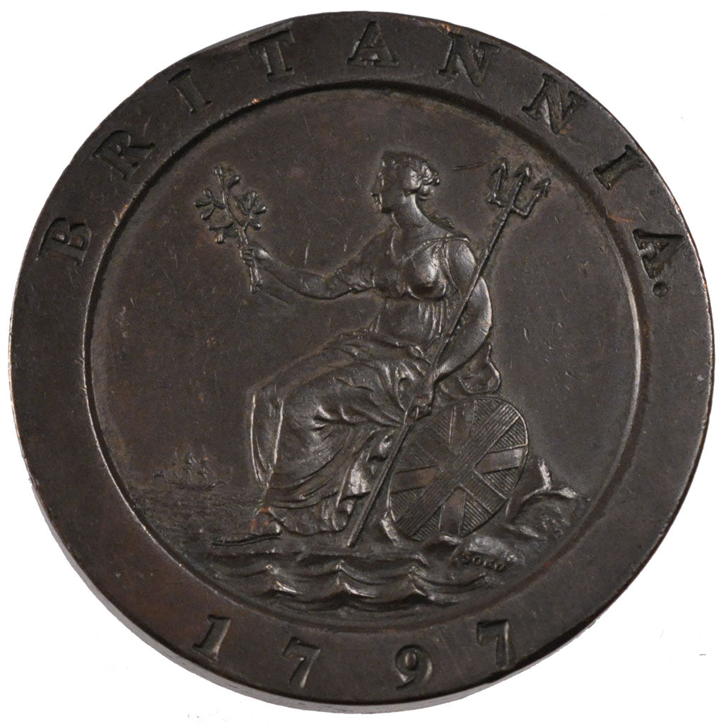 GREAT BRITAIN, 2 Pence, 1797, KM #619, AU(55-58), Copper, 40, 57.60