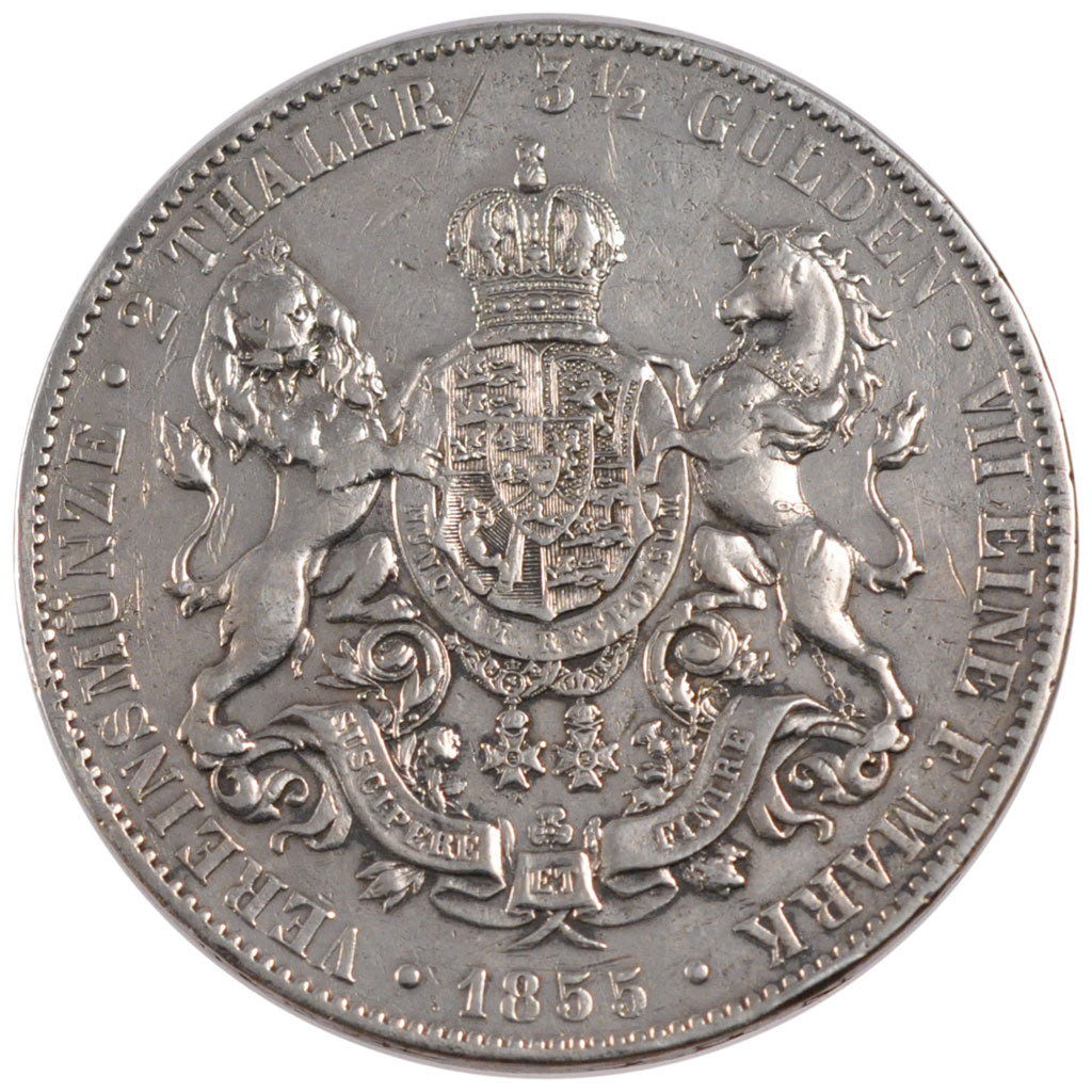 GERMAN STATES, 2 Thaler, 3-1/2 Gulden, 1855, Hannover, KM #229, EF(40-45),...