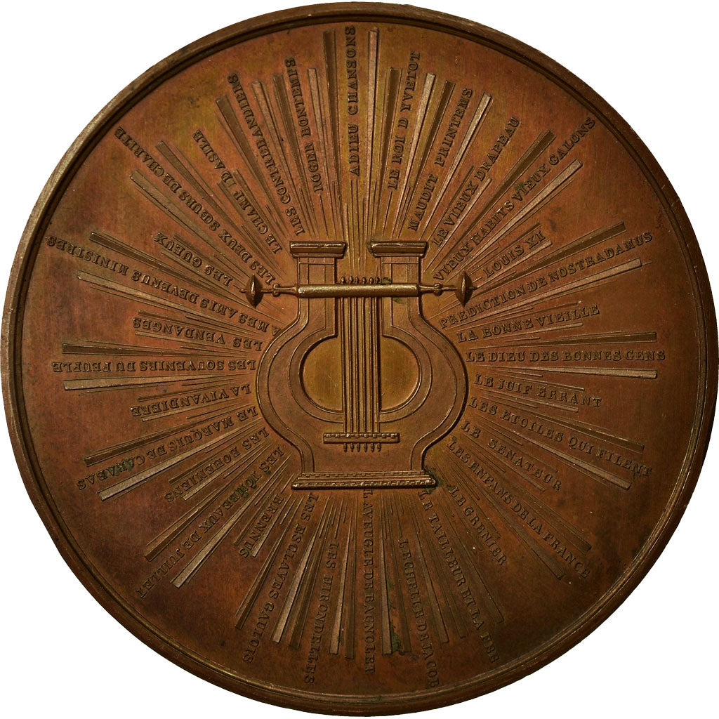 France, Medal, Chanson, Pierre-Jean de Béranger, 1833, David, MS(63), Bronze